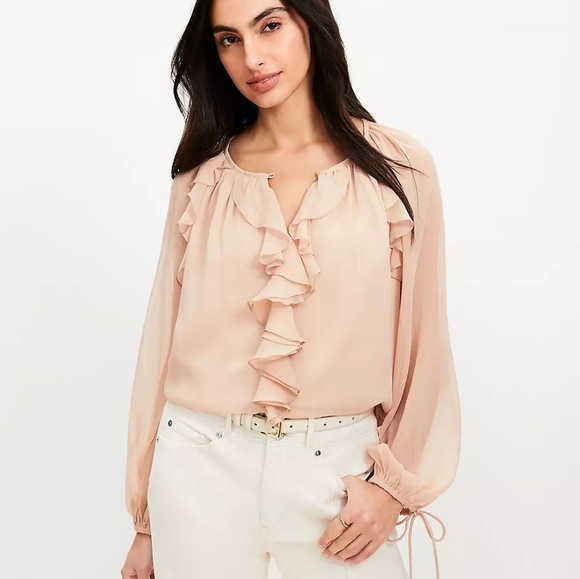 LOFT Chiffon Ruffle Tie Cuff Blouse Size Med - Picture 2 of 10